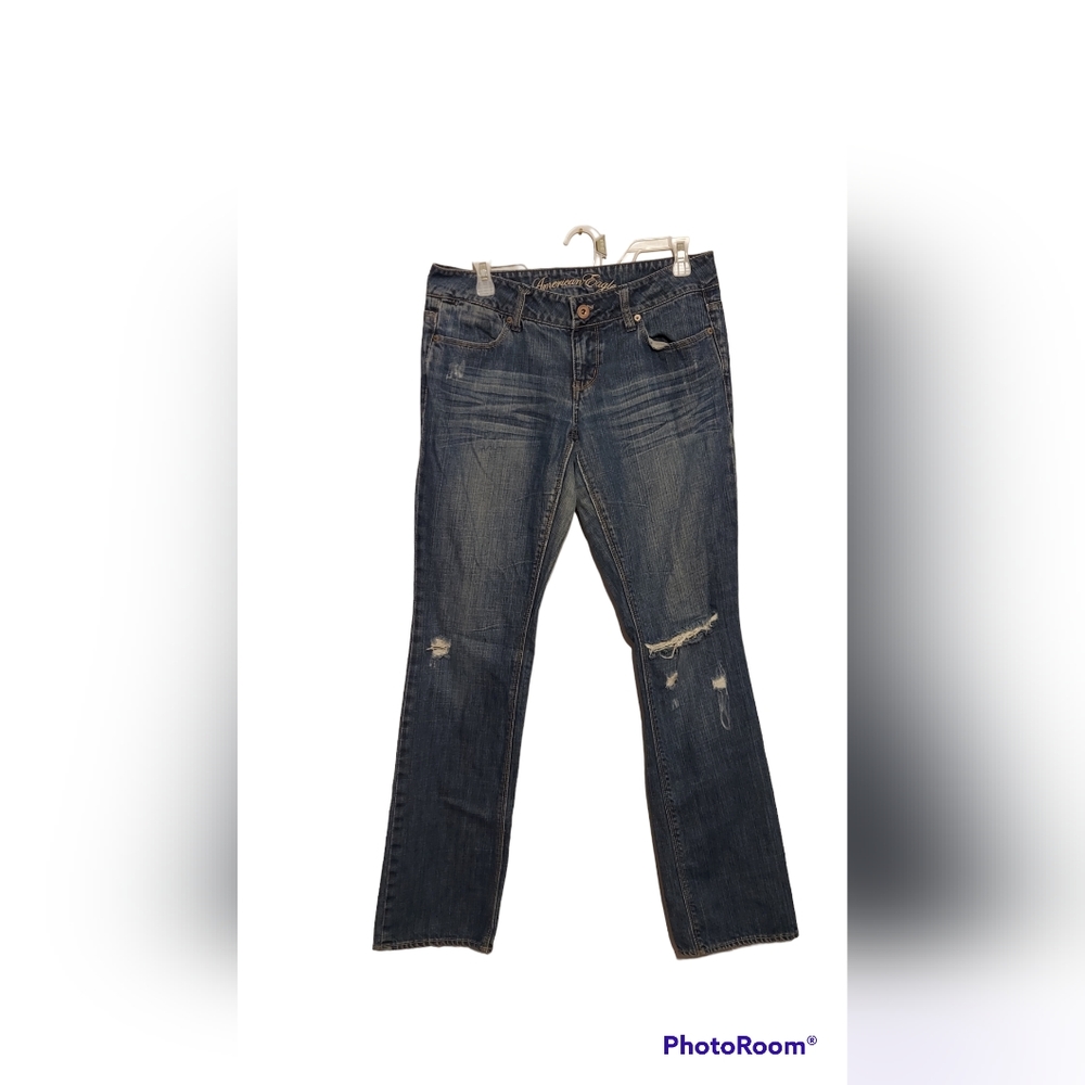 Y2K Low Rise American Eagle 77 Straight Jeans Sz 8R Distressed Cowgirl Western